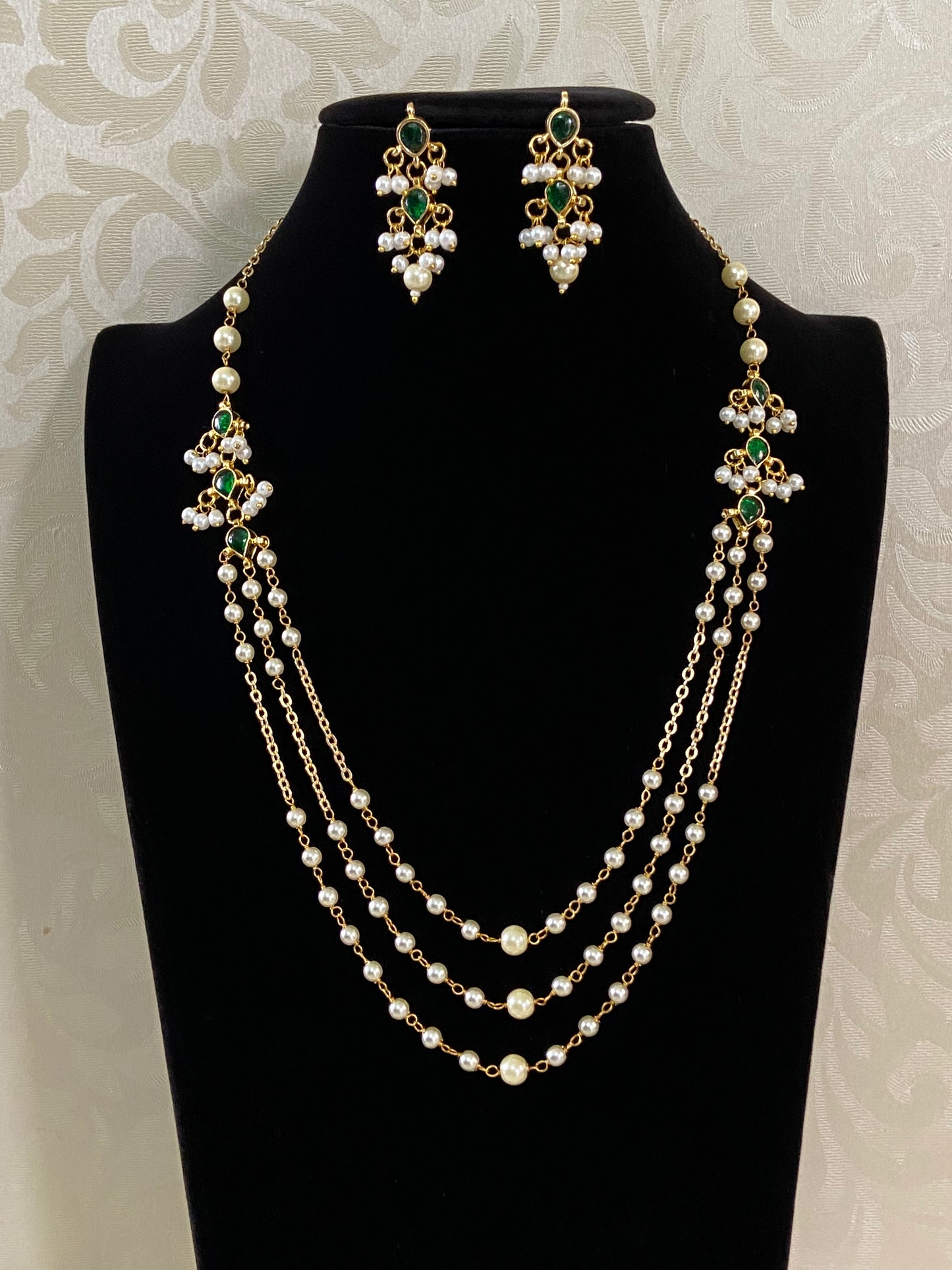 Triple Layer Pearl & Kundan Necklace With Earrings |  Indian Necklace