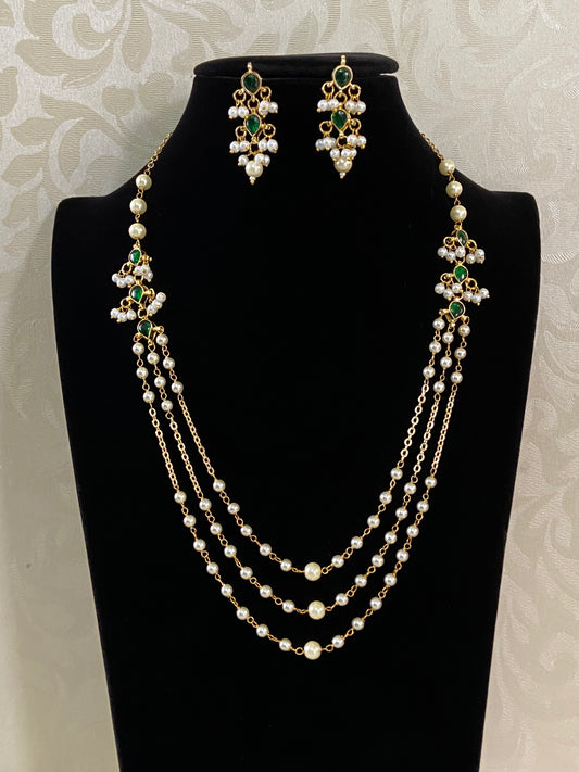 Triple Layer Pearl & Kundan Necklace With Earrings |  Indian Necklace