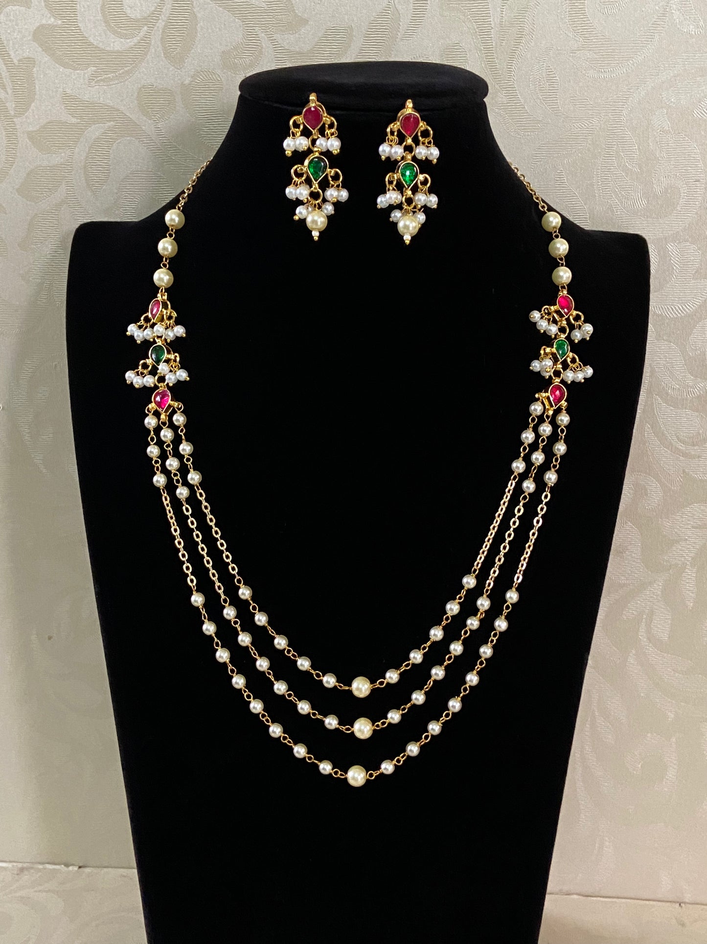 Triple Layer Pearl & Kundan Necklace With Earrings |  Indian Necklace