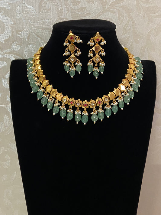 Antique Green Beads Kundan Necklace Set | Traditional Indian Jewelry In USA