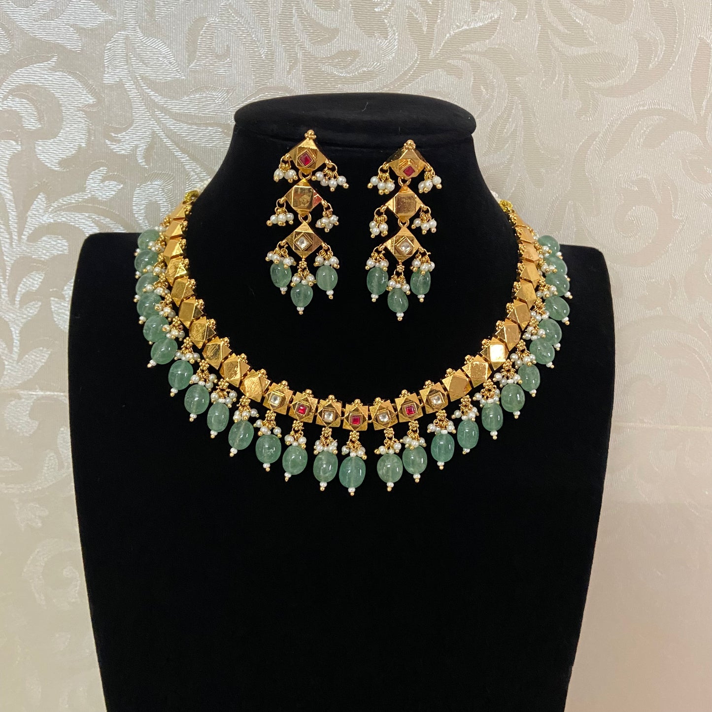 Antique Green Beads Kundan Necklace Set | Traditional Indian Jewelry In USA