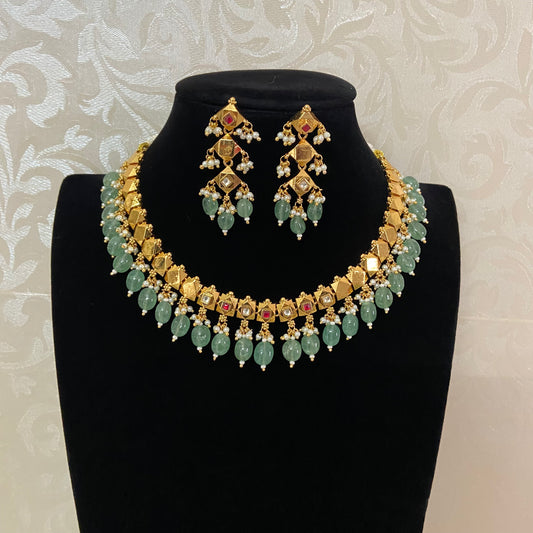 Antique Green Beads Kundan Necklace Set | Traditional Indian Jewelry In USA