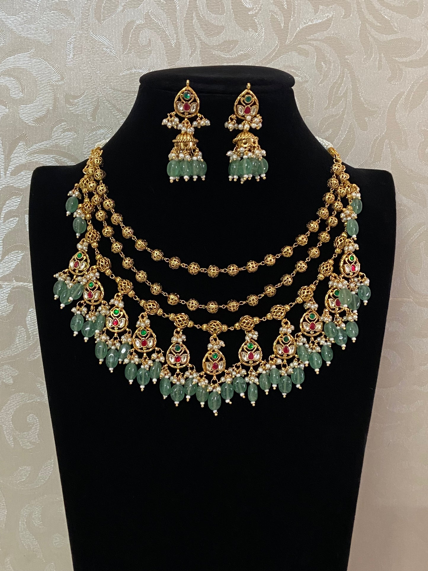 Antique Green Beads Multi-Layer Kundan Necklace Set | Indian Jewelry In nUSA