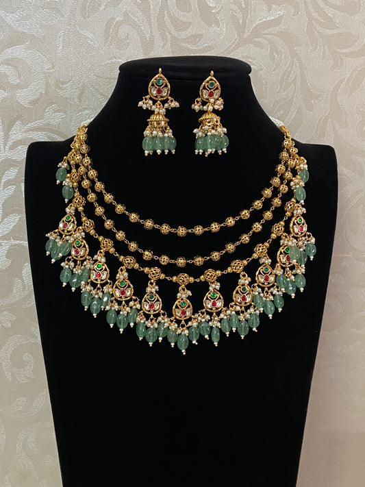 Antique Green Beads Multi-Layer Kundan Necklace Set | Indian Jewelry In nUSA