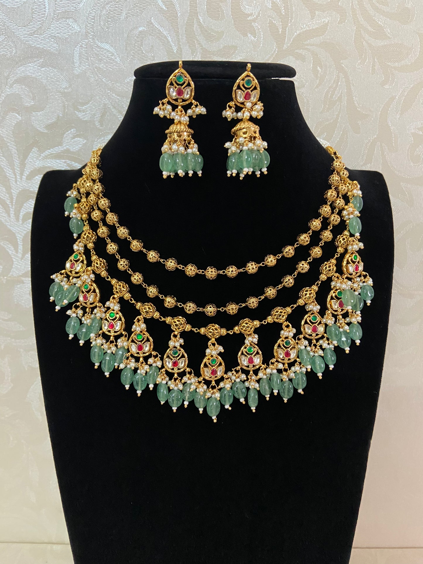 Antique Green Beads Multi-Layer Kundan Necklace Set | Indian Jewelry In nUSA