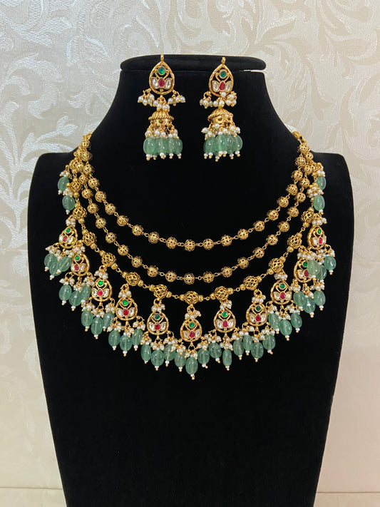 Antique Green Beads Multi-Layer Kundan Necklace Set | Indian Jewelry In nUSA