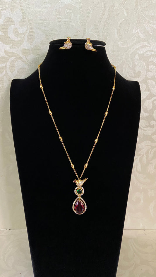 Simple Chain AD Kundan Bird Pendant With Studs | Indian Necklace