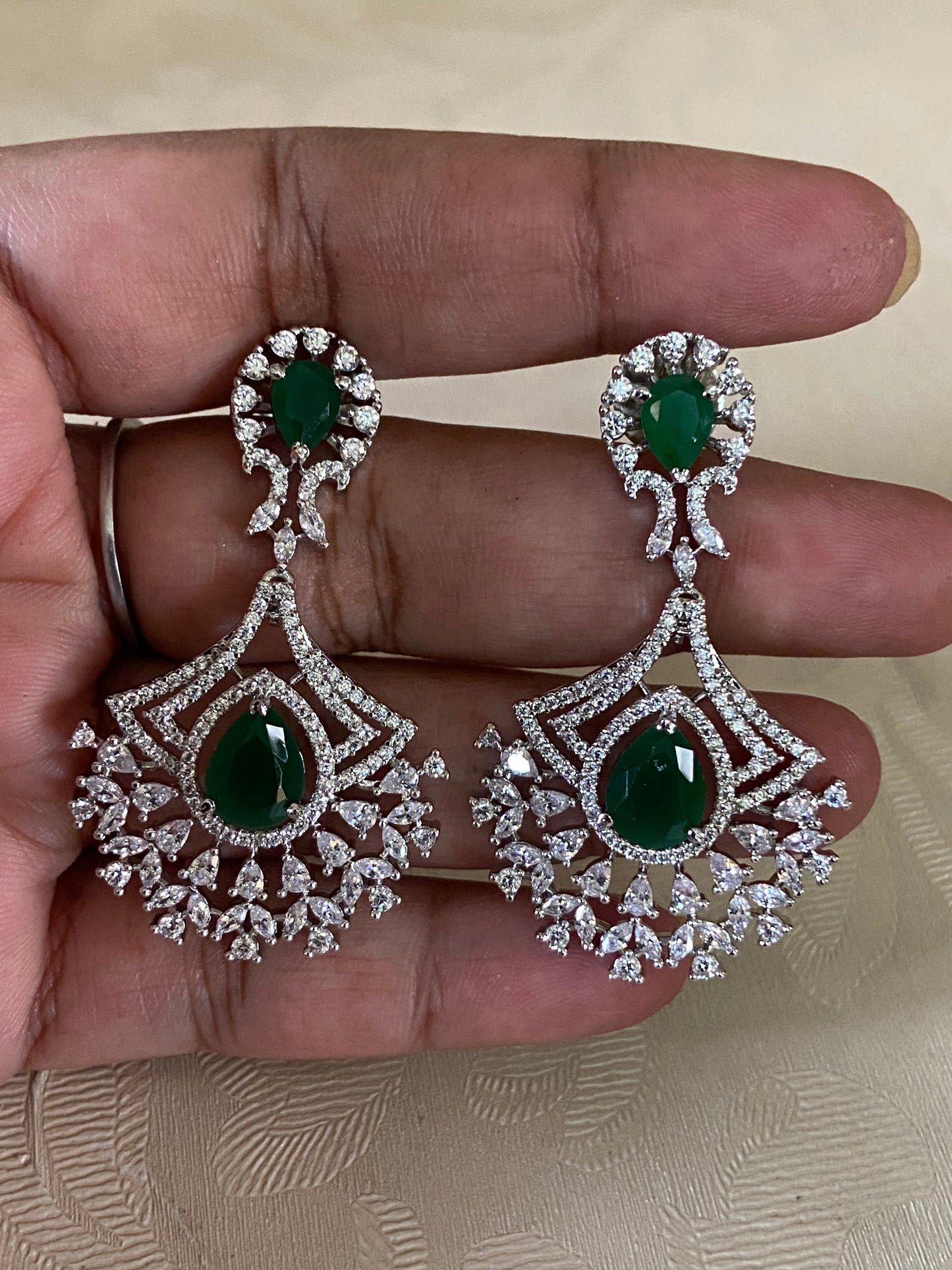 Rhodium AD Emerald Earrings |