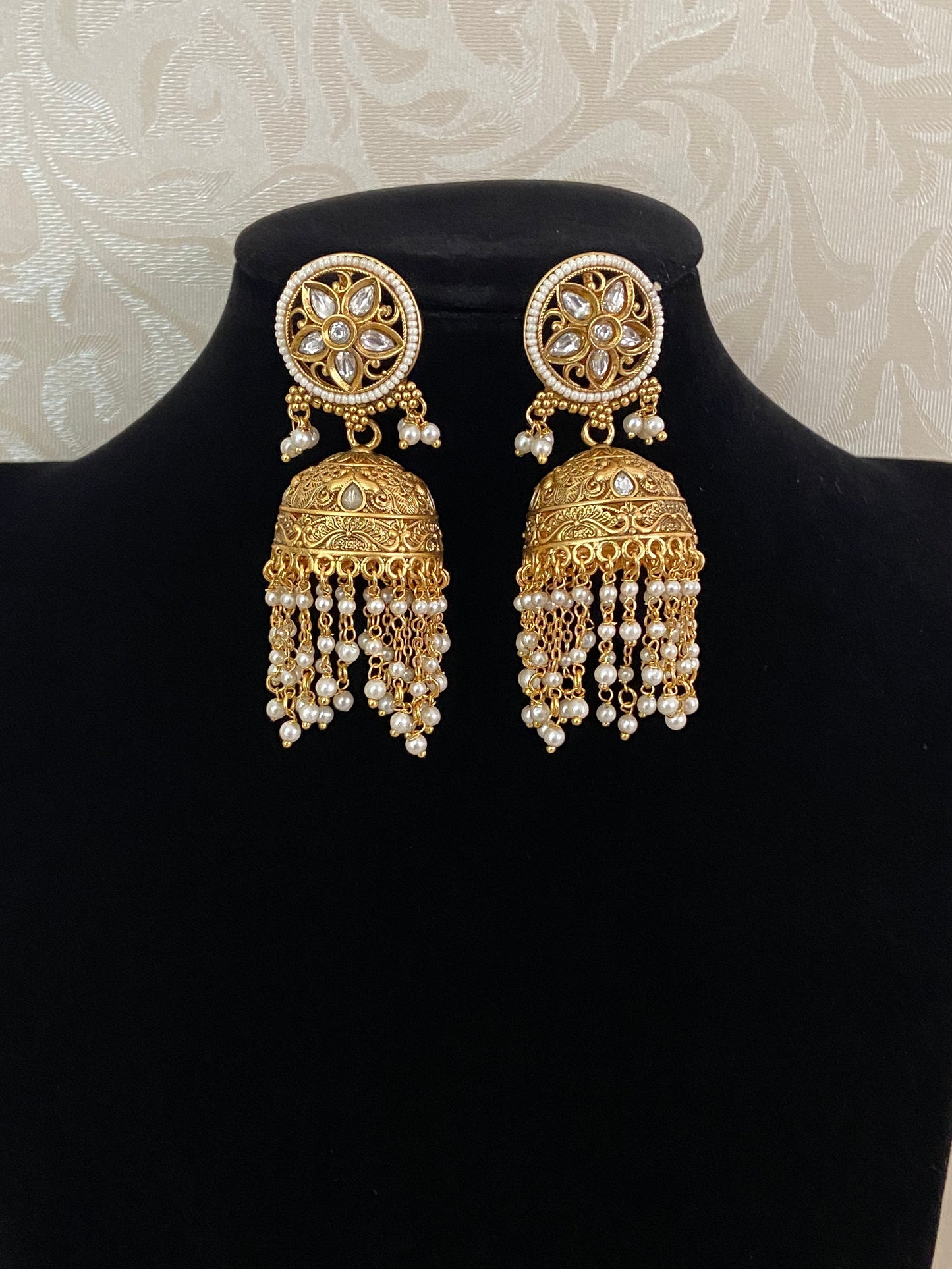 Antique Kundan Pearl Jumkis | Traditional Earrings