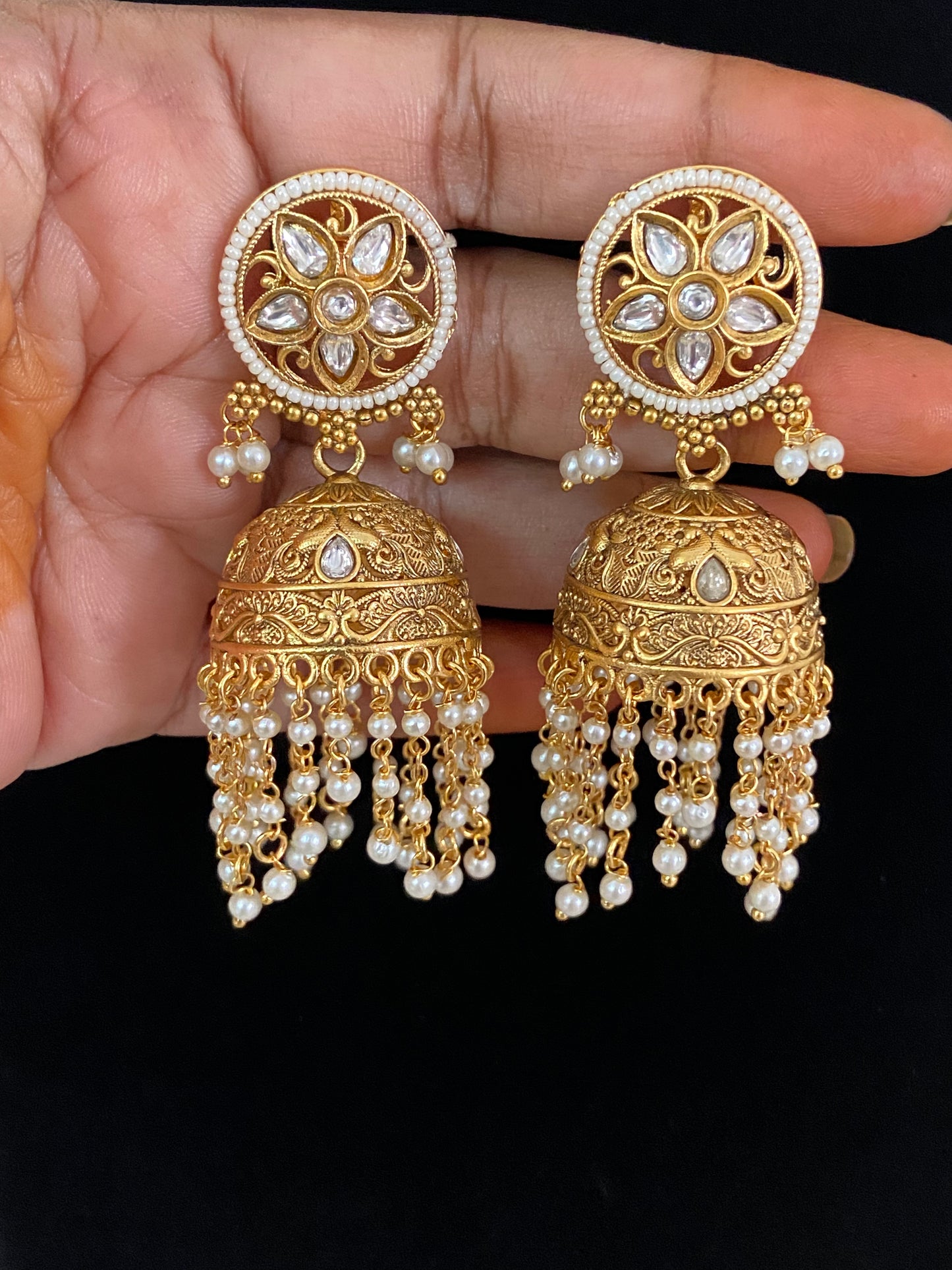 Antique Kundan Pearl Jumkis | Traditional Earrings