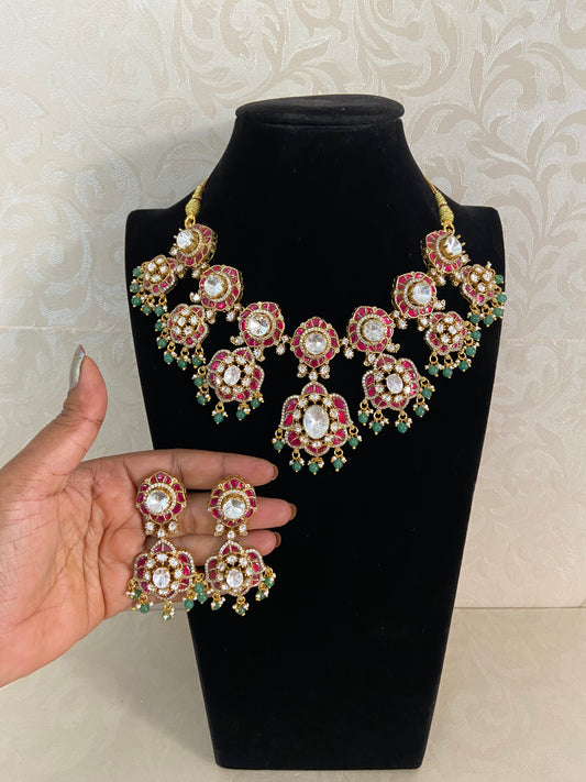 Moissanite & Jadau Fusion Bridal Necklace With Earrings | Indian Jewelry