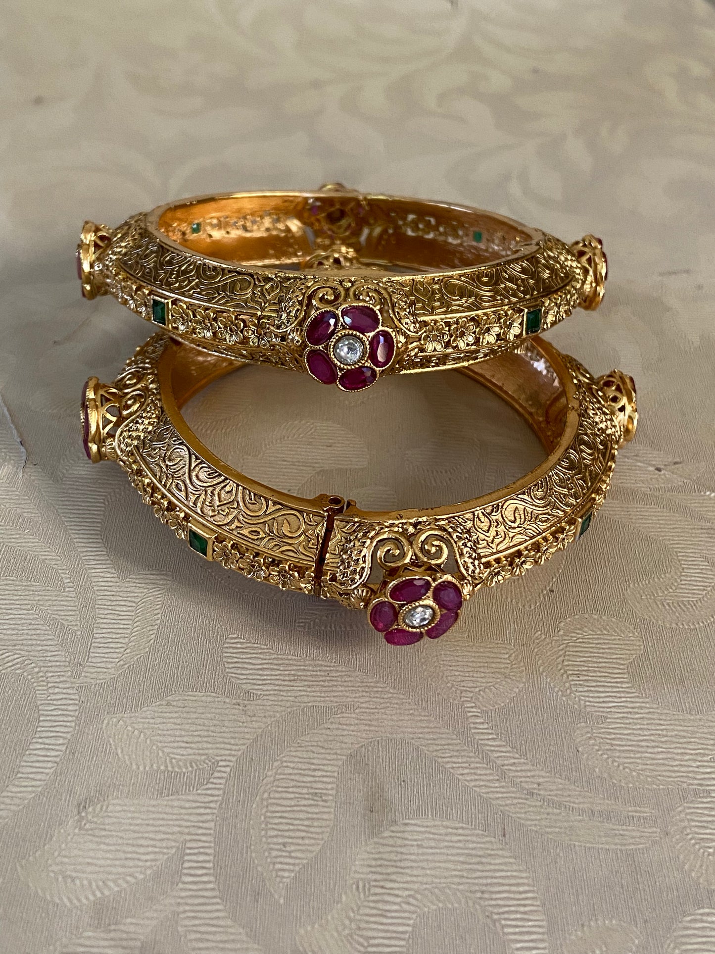 Antique Ruby Embozed Flower Bangles | Openable Traditional Bangles