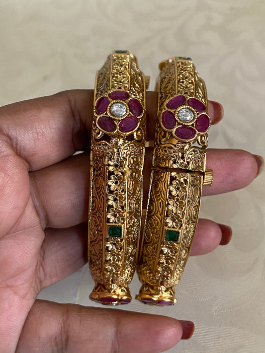 Antique Ruby Embozed Flower Bangles | Openable Traditional Bangles
