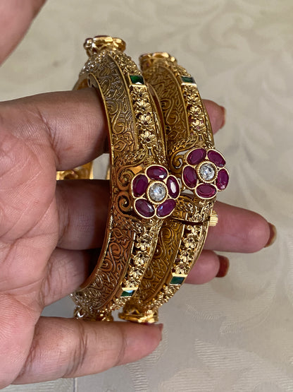 Antique Ruby Embozed Flower Bangles | Openable Traditional Bangles