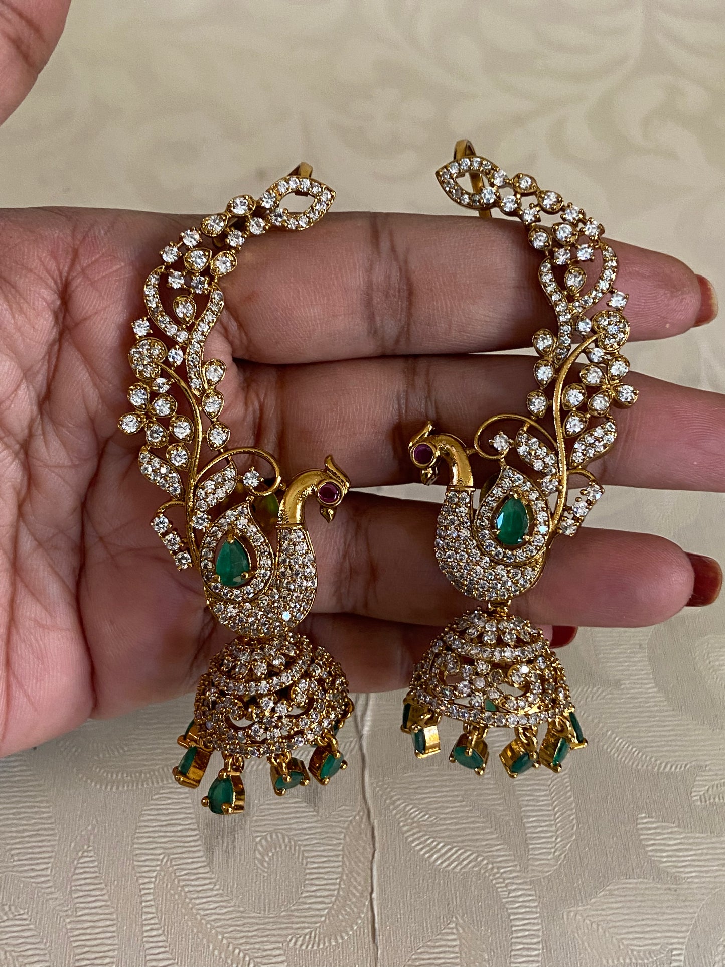 AD Emerald Peacock 2 in 1 Ear Cuffs | Indian Jewelry In USA | Changeable Earrings