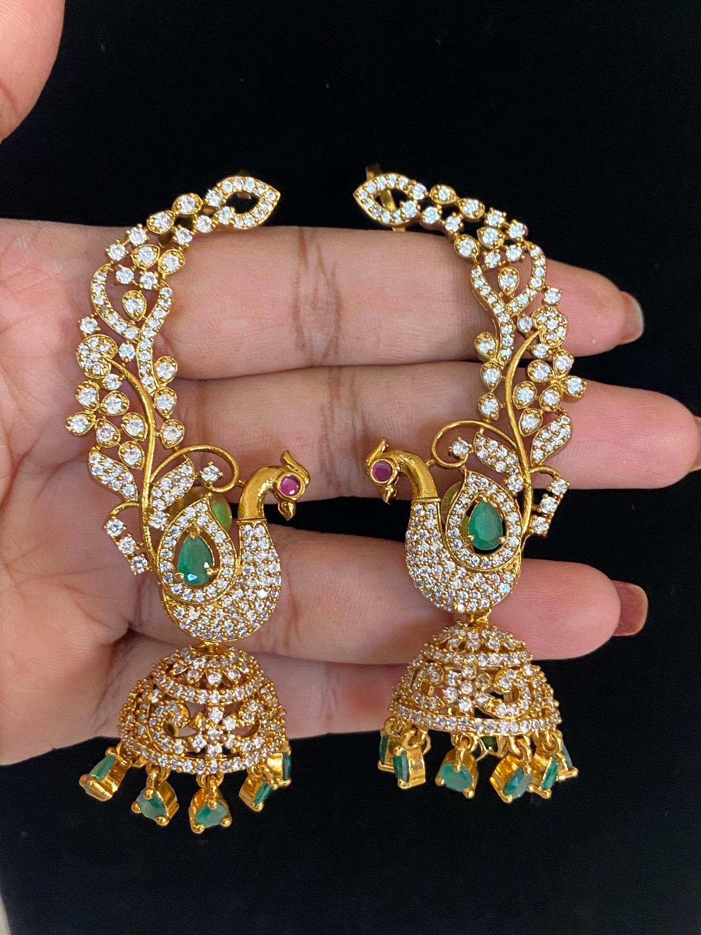 AD Emerald Peacock 2 in 1 Ear Cuffs | Indian Jewelry In USA | Changeable Earrings