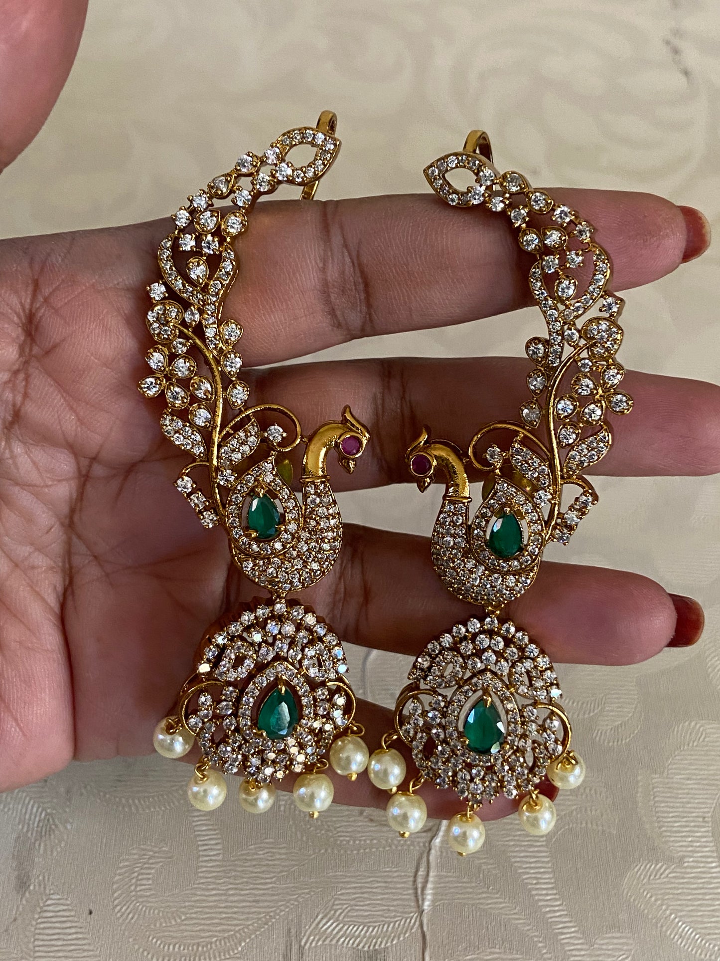 AD Emerald Peacock 2 in 1 Ear Cuffs | Indian Jewelry In USA | Changeable Earrings