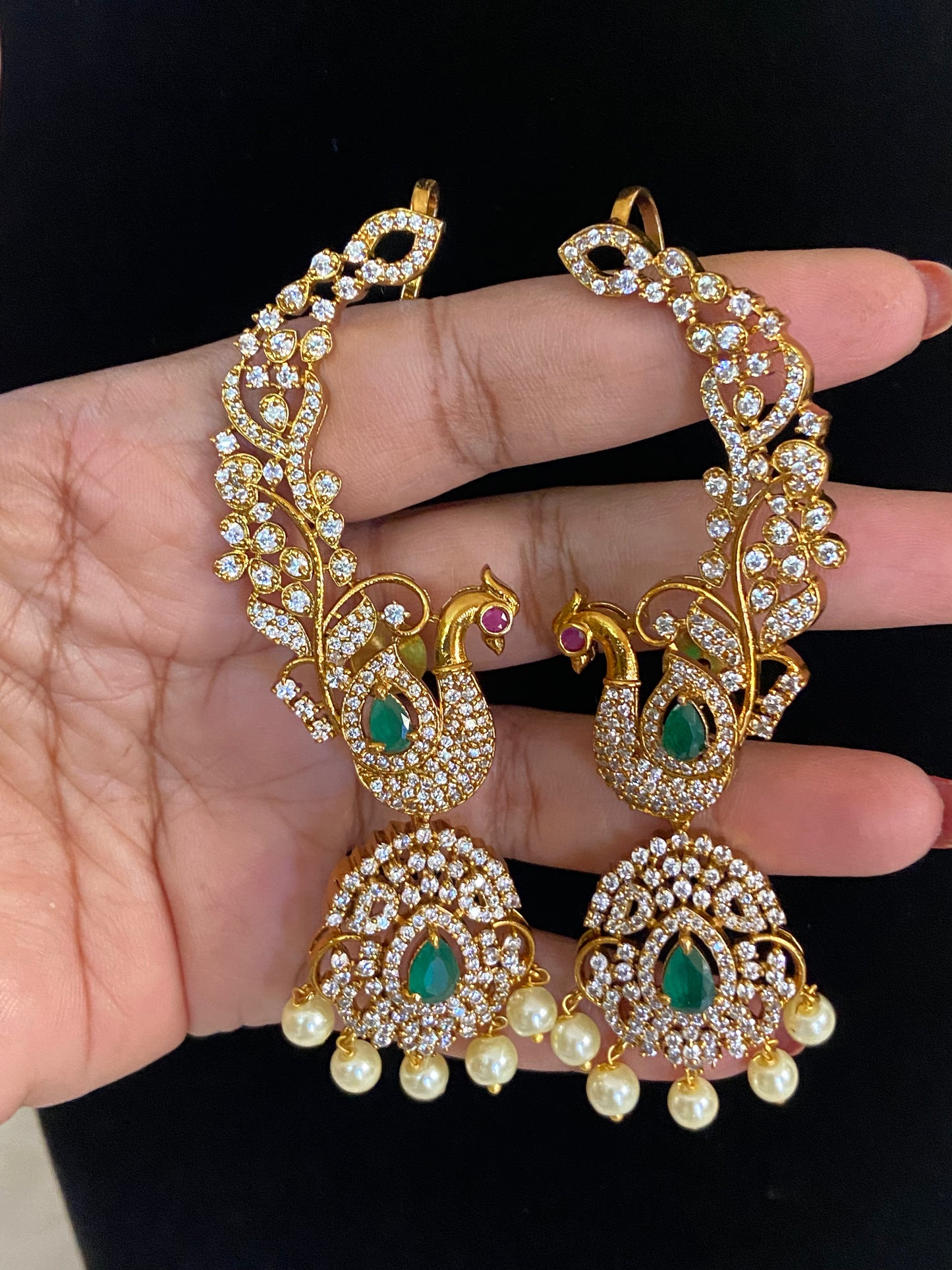 AD Emerald Peacock 2 in 1 Ear Cuffs | Indian Jewelry In USA | Changeable Earrings
