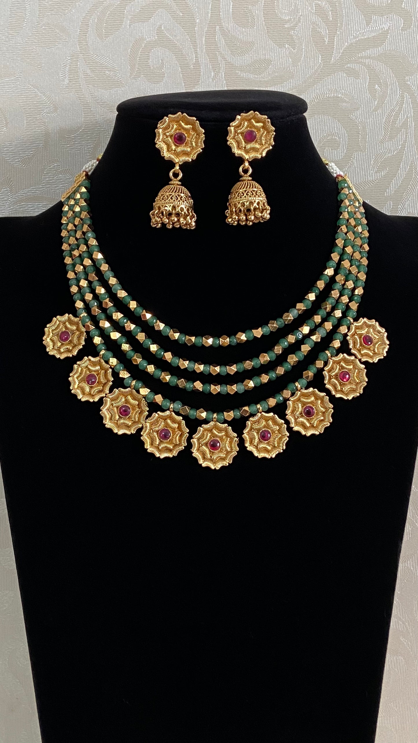 Antique Gold & Green Beads Flower Drops Necklace With Jumkis | Indian Jewelry