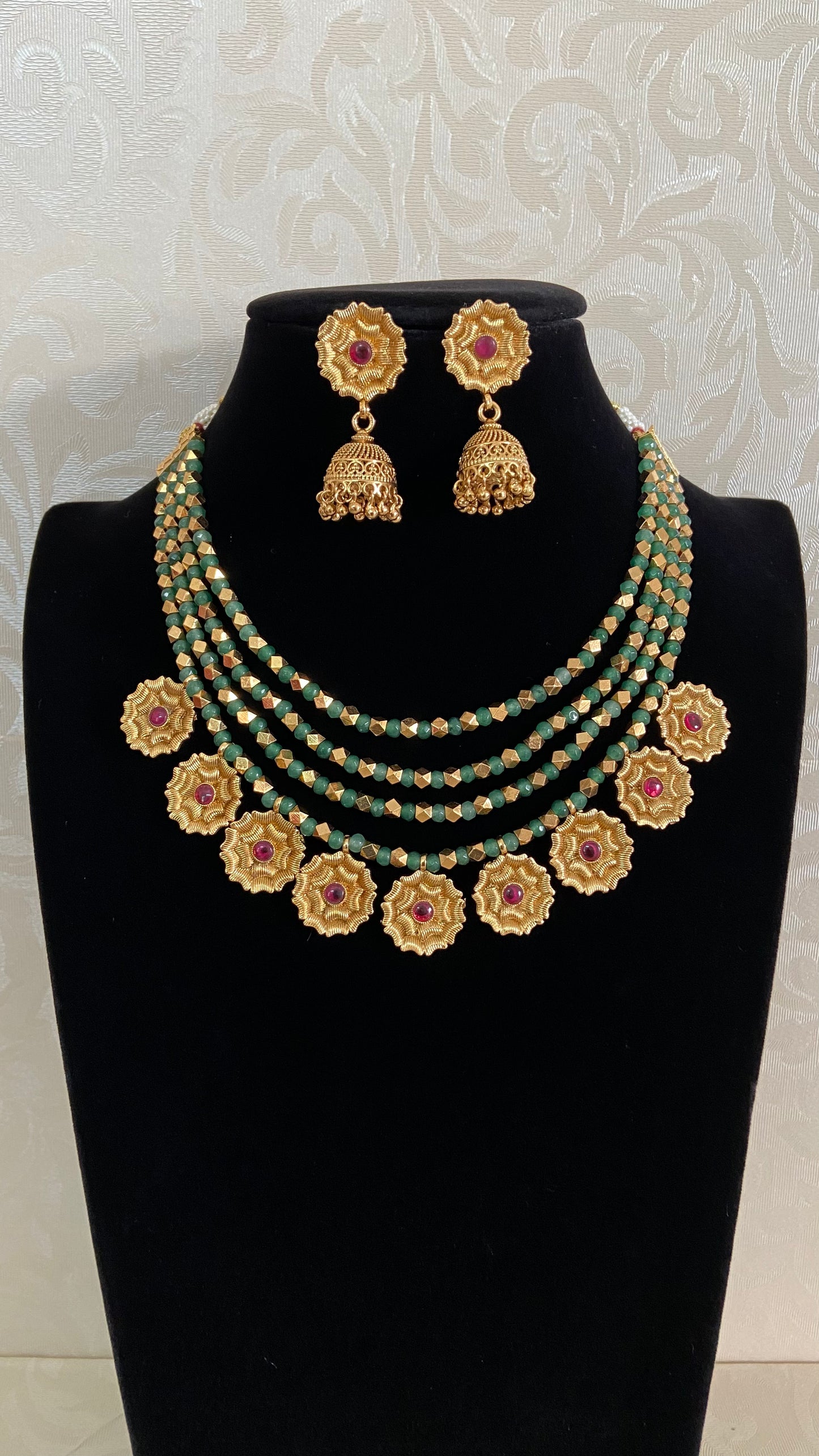 Antique Gold & Green Beads Flower Drops Necklace With Jumkis | Indian Jewelry