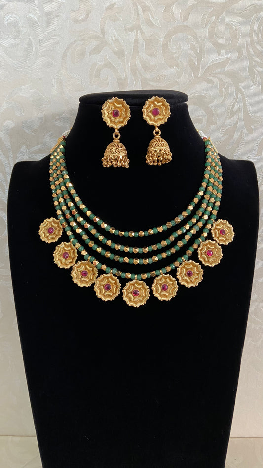 Antique Gold & Green Beads Flower Drops Necklace With Jumkis | Indian Jewelry