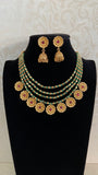 Antique Gold & Green Beads Flower Drops Necklace With Jumkis | Indian Jewelry