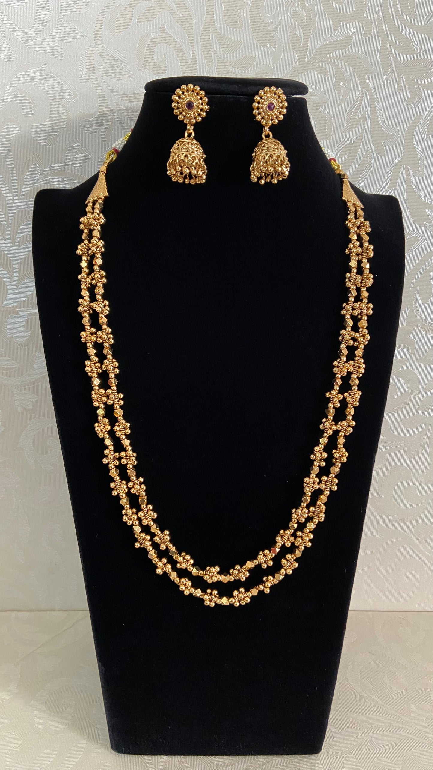 Antique Gold Beads Mala Necklace With Jumkis | Indian Traditonal Jewelry In USA