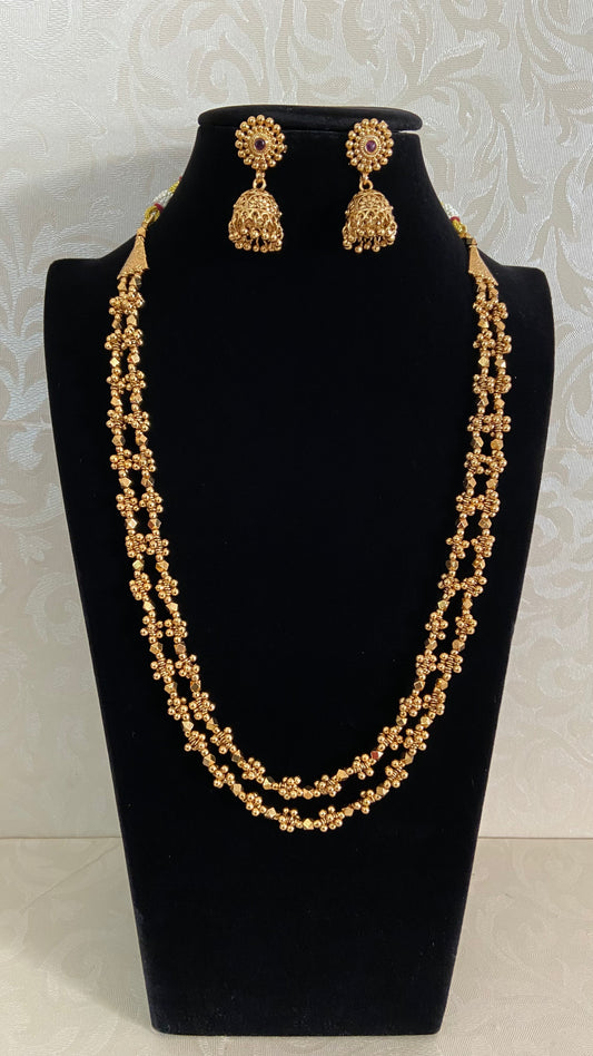 Antique Gold Beads Mala Necklace With Jumkis | Indian Traditonal Jewelry In USA