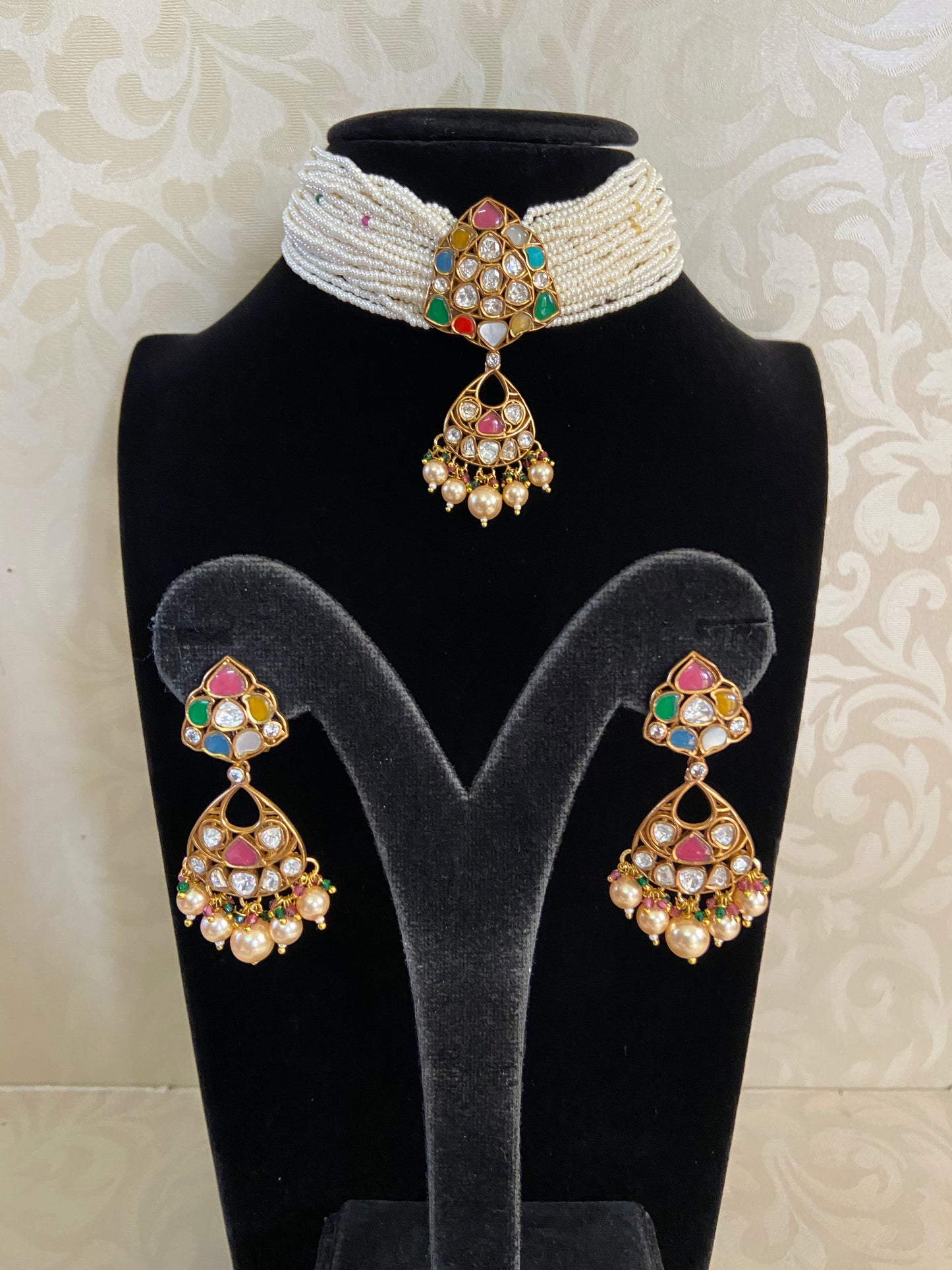 Navaratan Pendant Pearl Choker Set | Indian traditional jewelry