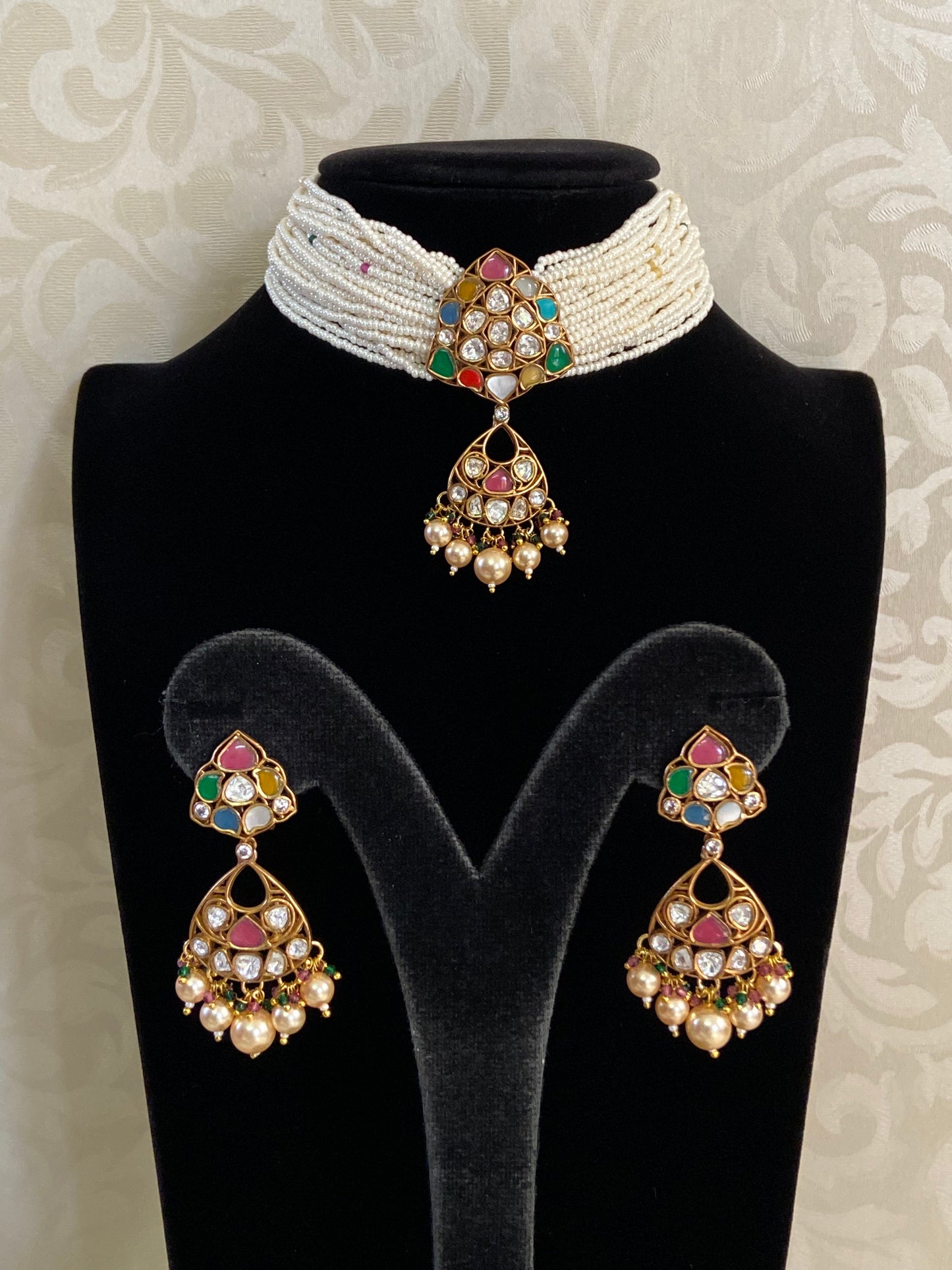 Navaratan Pendant Pearl Choker Set | Indian traditional jewelry