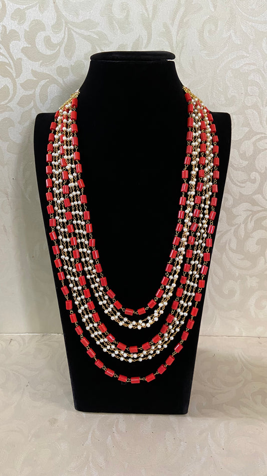 Layered Coral Green & Pearl Mala | Indian Beads Necklace