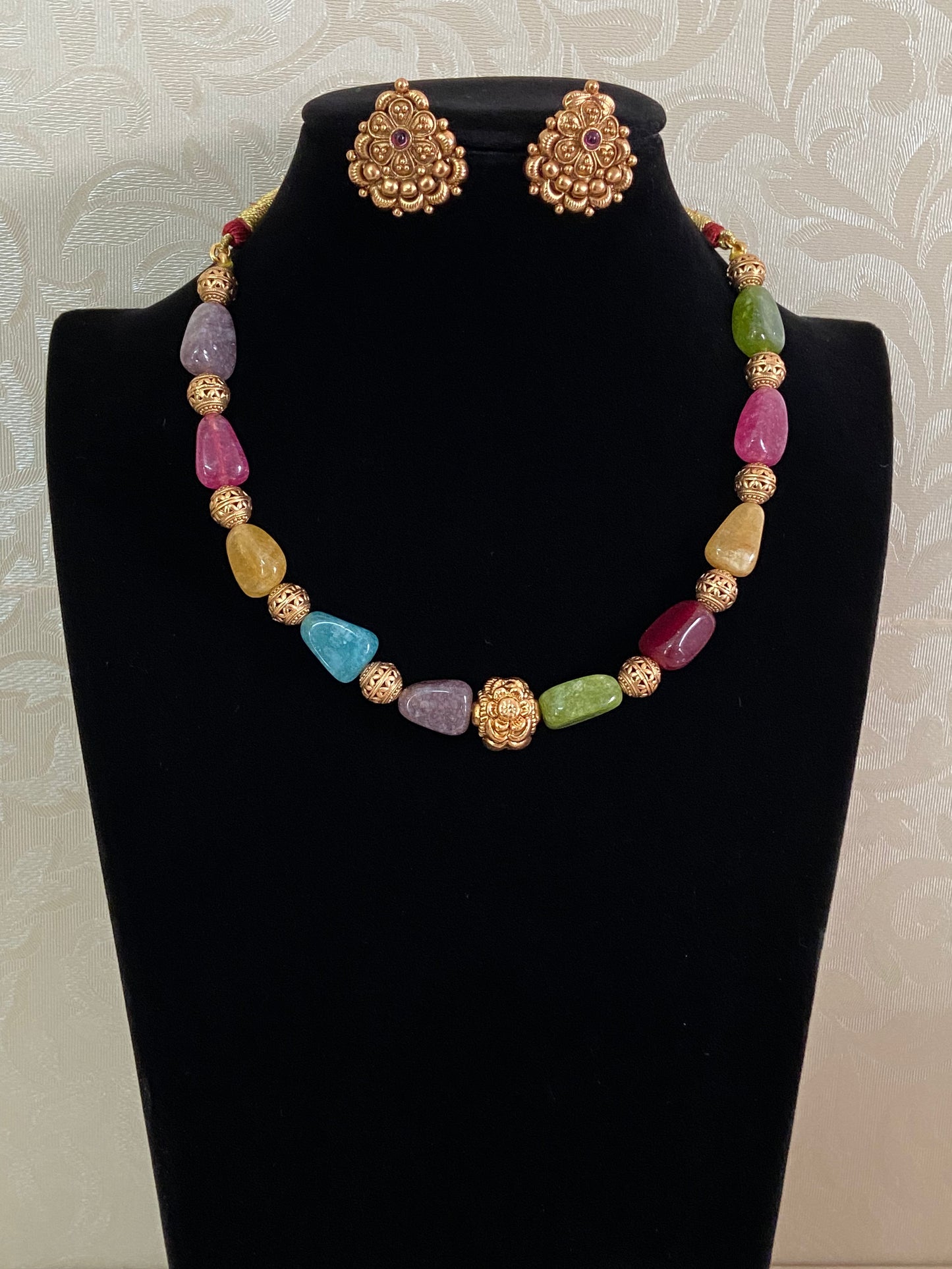 MultiColor Stone & Antique Beads Necklace Set | Simple Necklace | Indian Jewelry In USA