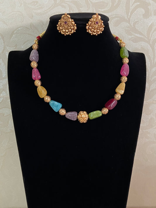 MultiColor Stone & Antique Beads Necklace Set | Simple Necklace | Indian Jewelry In USA