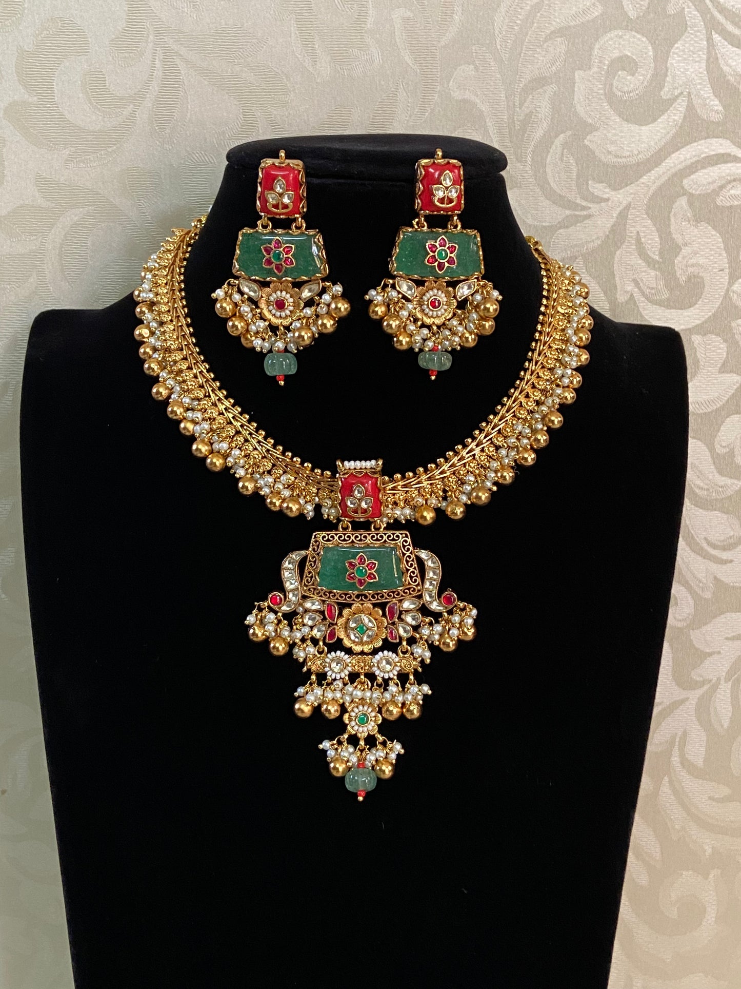Ahamadabadi Semi Precious Kundan Necklace Set | Handmade Indian Jewellery