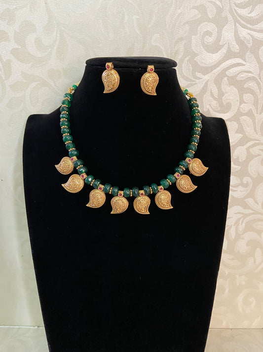 Antique Mango Pendants Green Beads Necklace | Beautiful Necklace Set