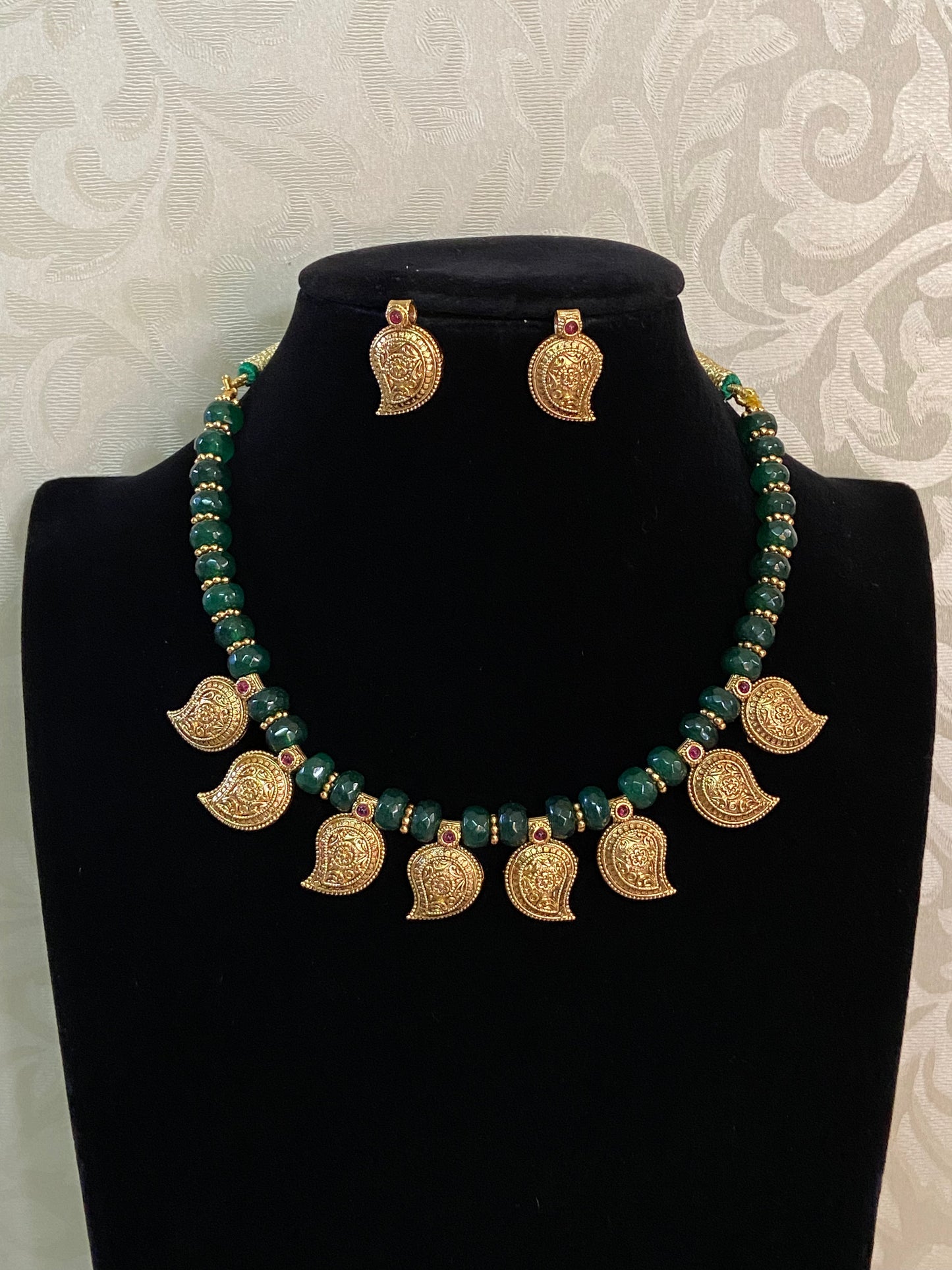 Antique Mango Pendants Green Beads Necklace | Beautiful Necklace Set