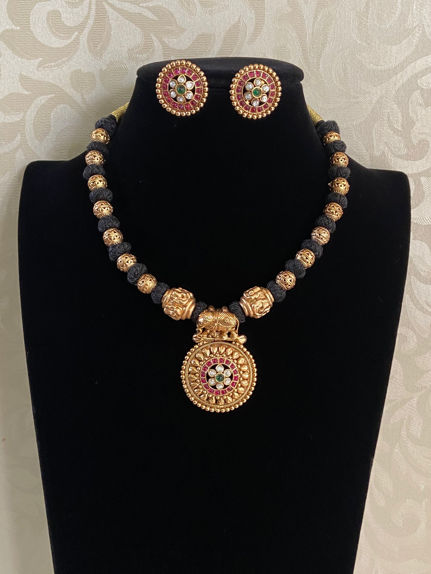 Antique Pendant Thread Necklace With Studs |  Handmade Necklace | Mangalasutra