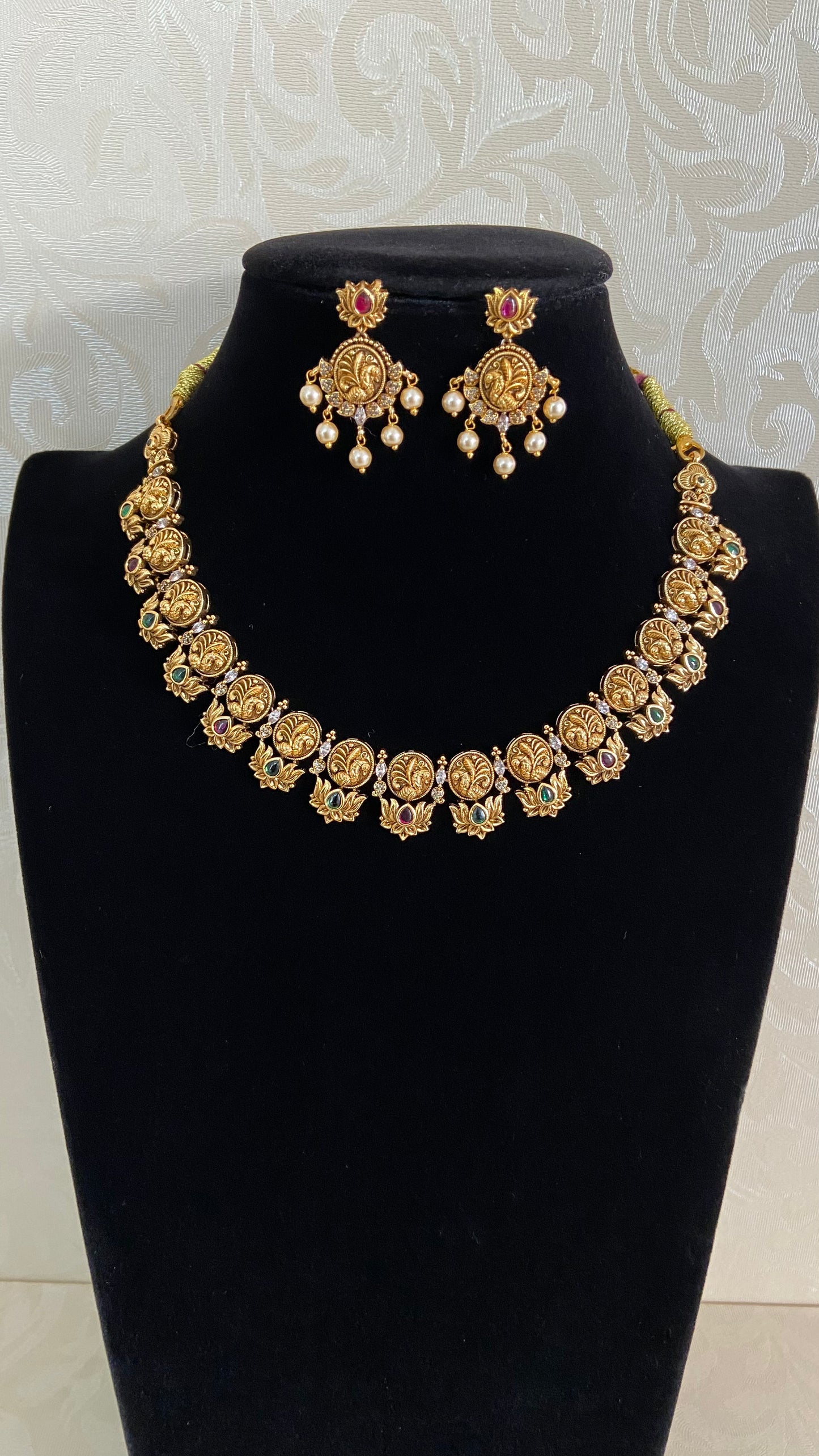 Antique Lotus Peacock Necklace Set | Traditional Temple Jewelry In USA