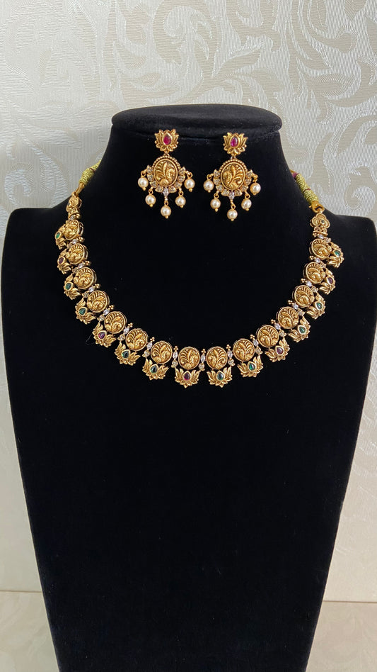 Antique Lotus Peacock Necklace Set | Traditional Temple Jewelry In USA