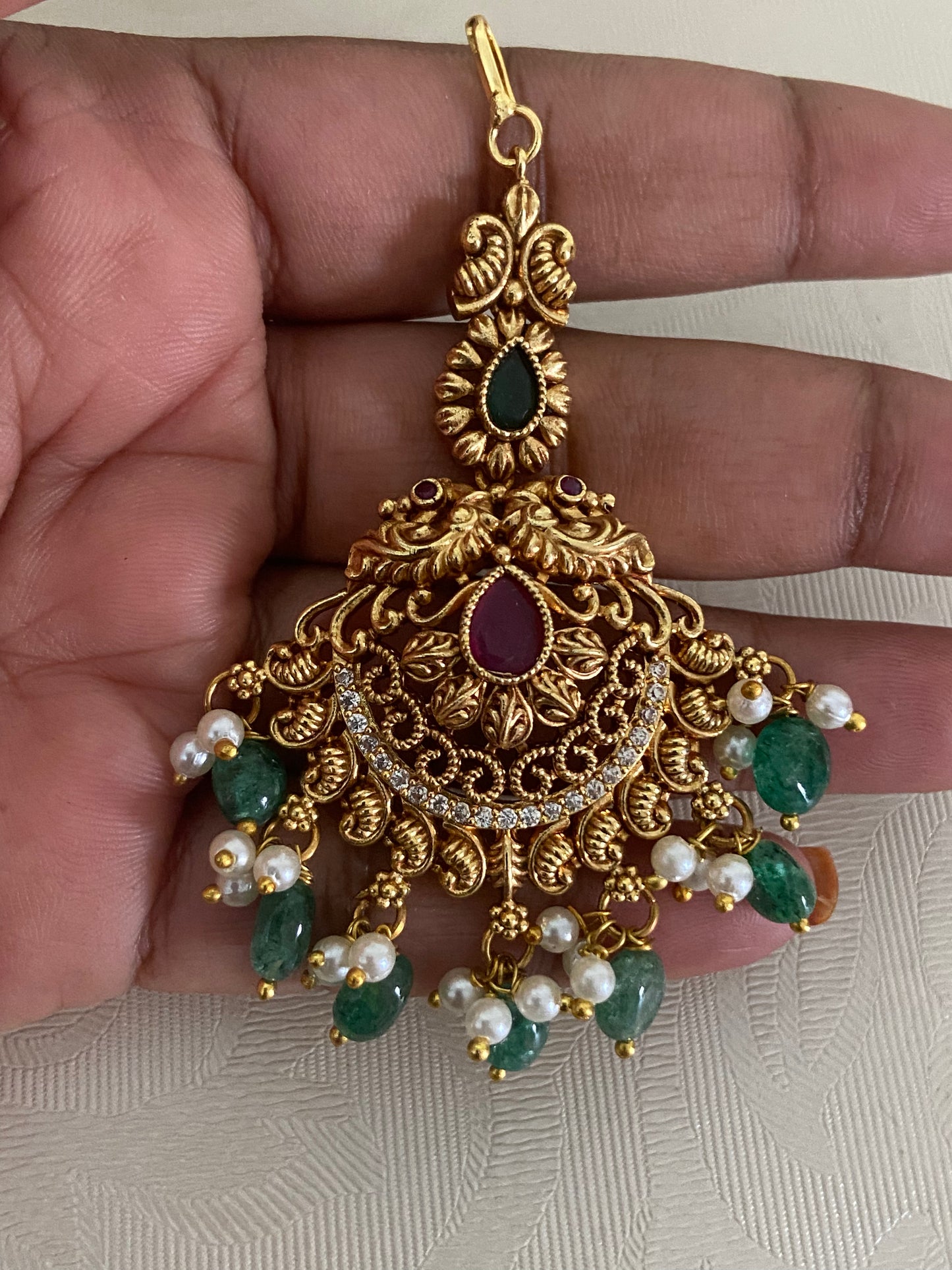 Antique Peacock Maang Tikka | Traditional Temple Maang Tikka