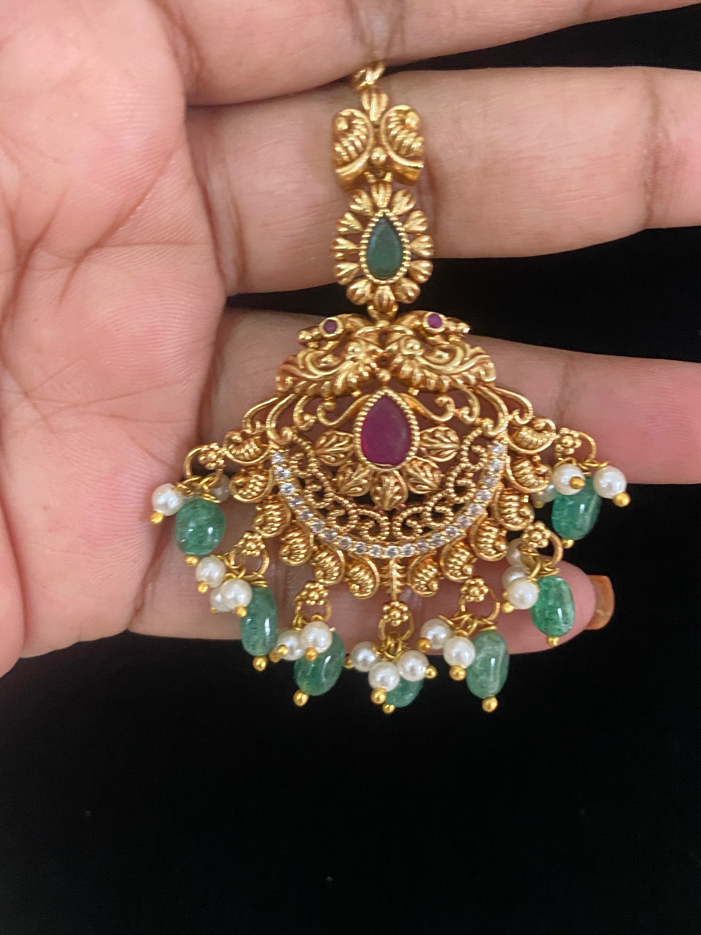 Antique Peacock Maang Tikka | Traditional Temple Maang Tikka
