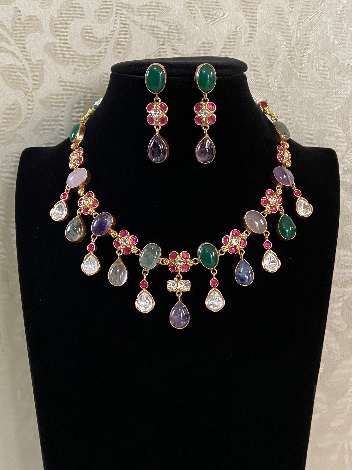 Natural stones Fusion Necklace | Moissanite &  Kundan Necklace