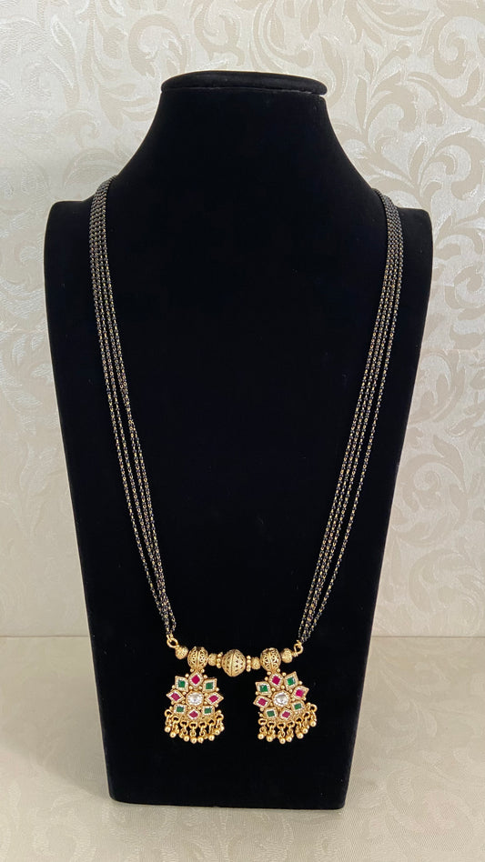 Antique Ruby Green Long Mangalasutra | Black Beads Necklace