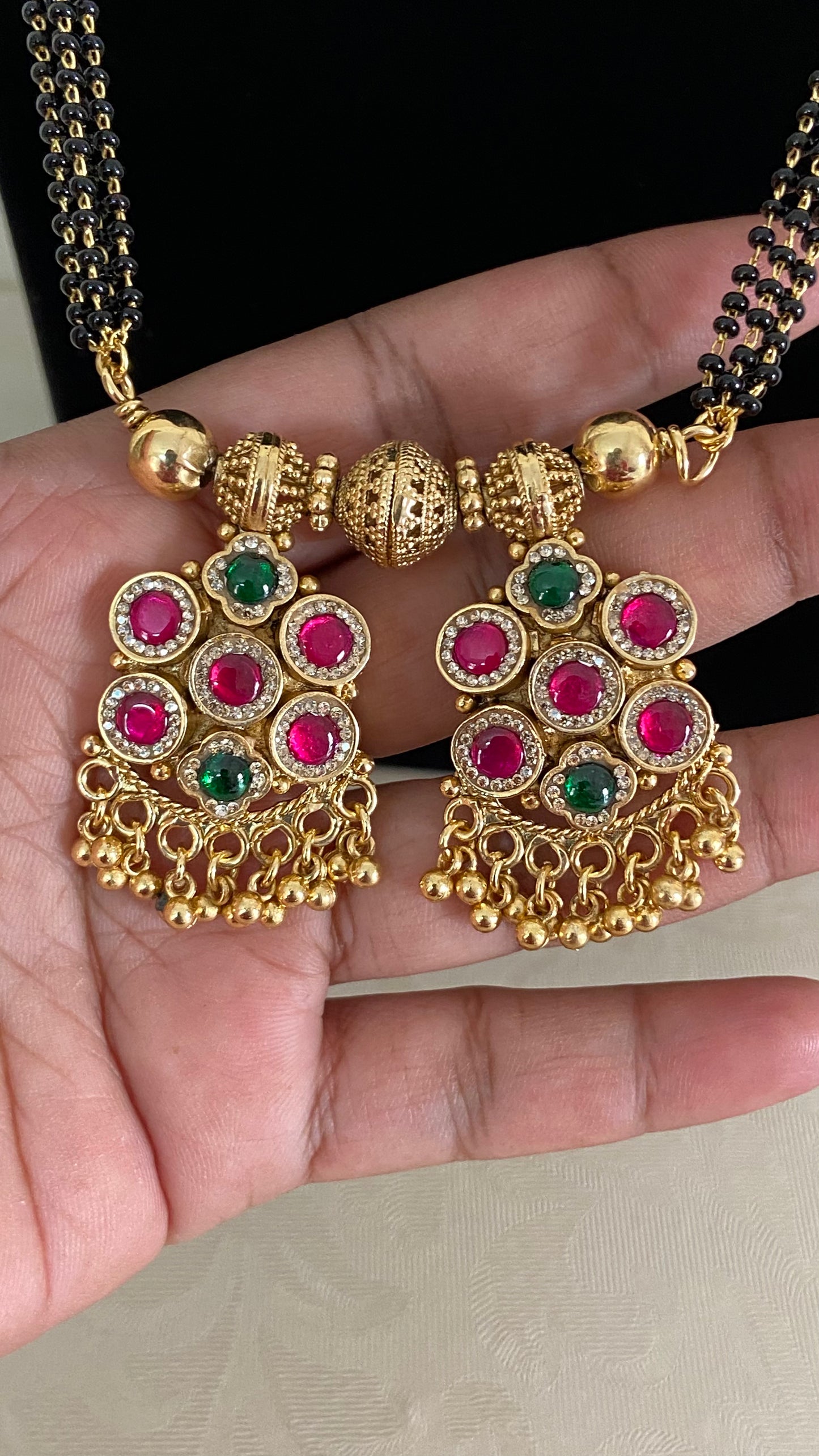 Antique Ruby Green Long Mangalasutra | Black Beads Necklace