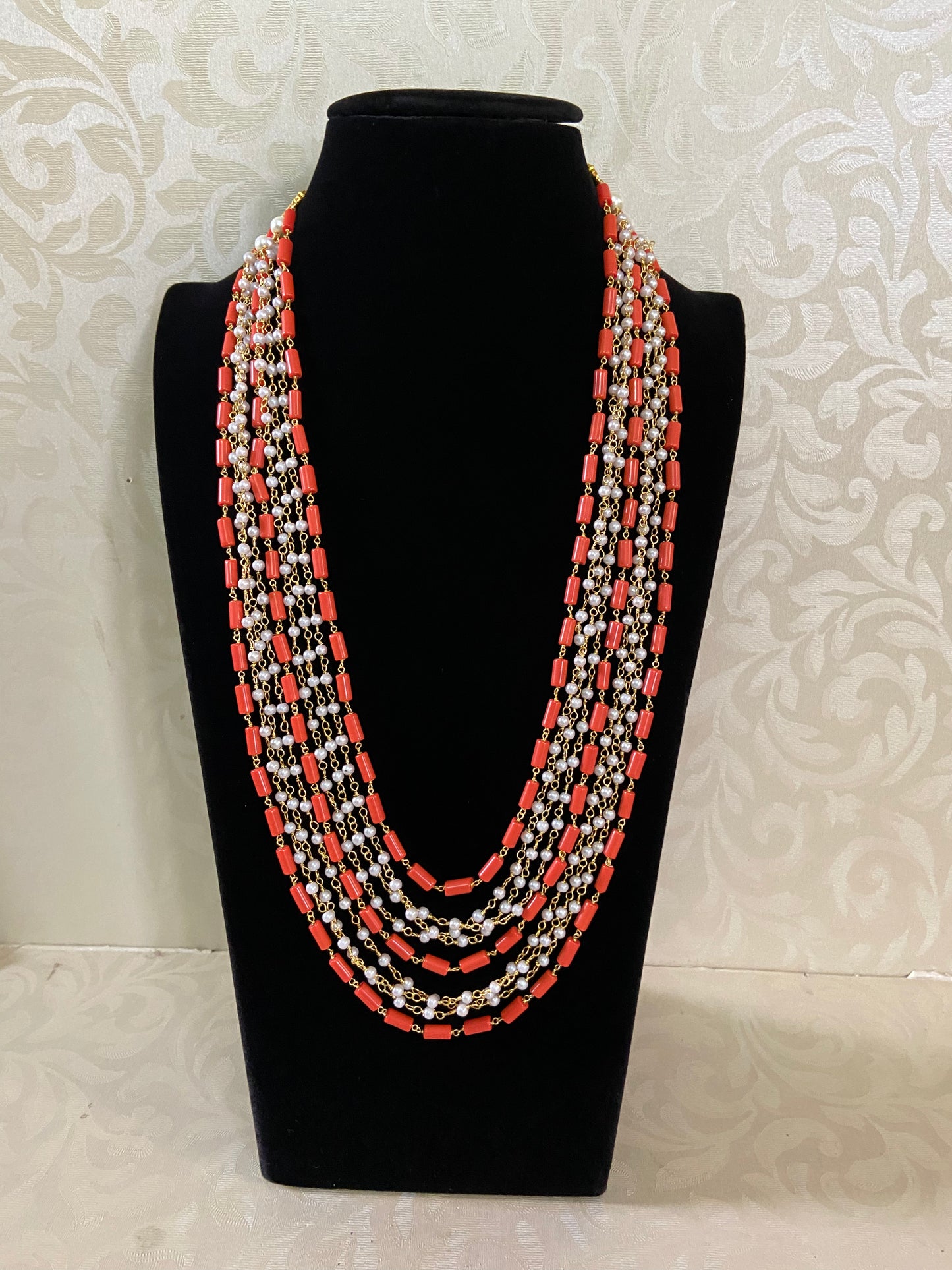 Layered Coral Green & Pearl Mala | Indian Beads Necklace