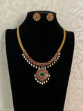 Matte Gold Ruby Green Necklace With Studs | South Indian Necklace