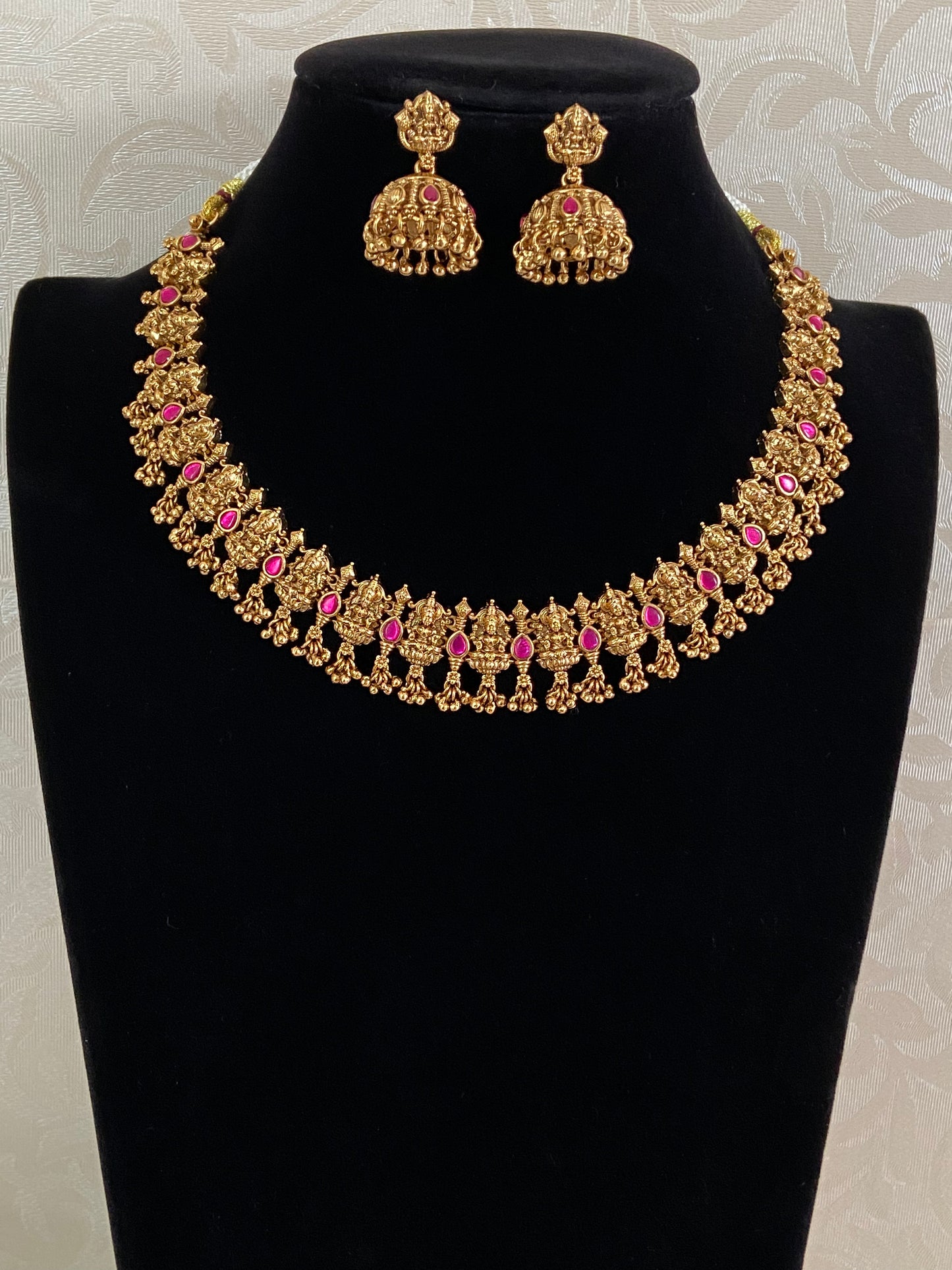 Traditional Lakshmi Ruby Necklace With Jumkis | Indian Temple Necklace