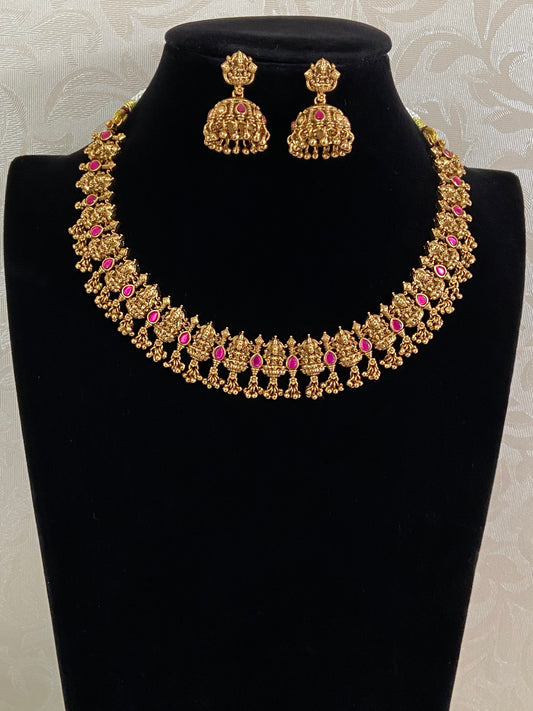 Traditional Lakshmi Ruby Necklace With Jumkis | Indian Temple Necklace