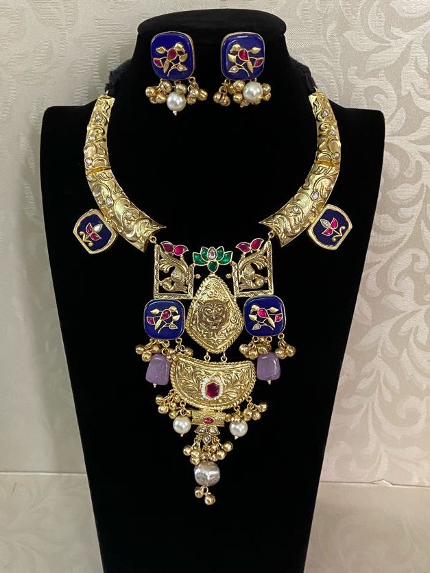 Meenakari Kundan Pendant Hasli Necklace