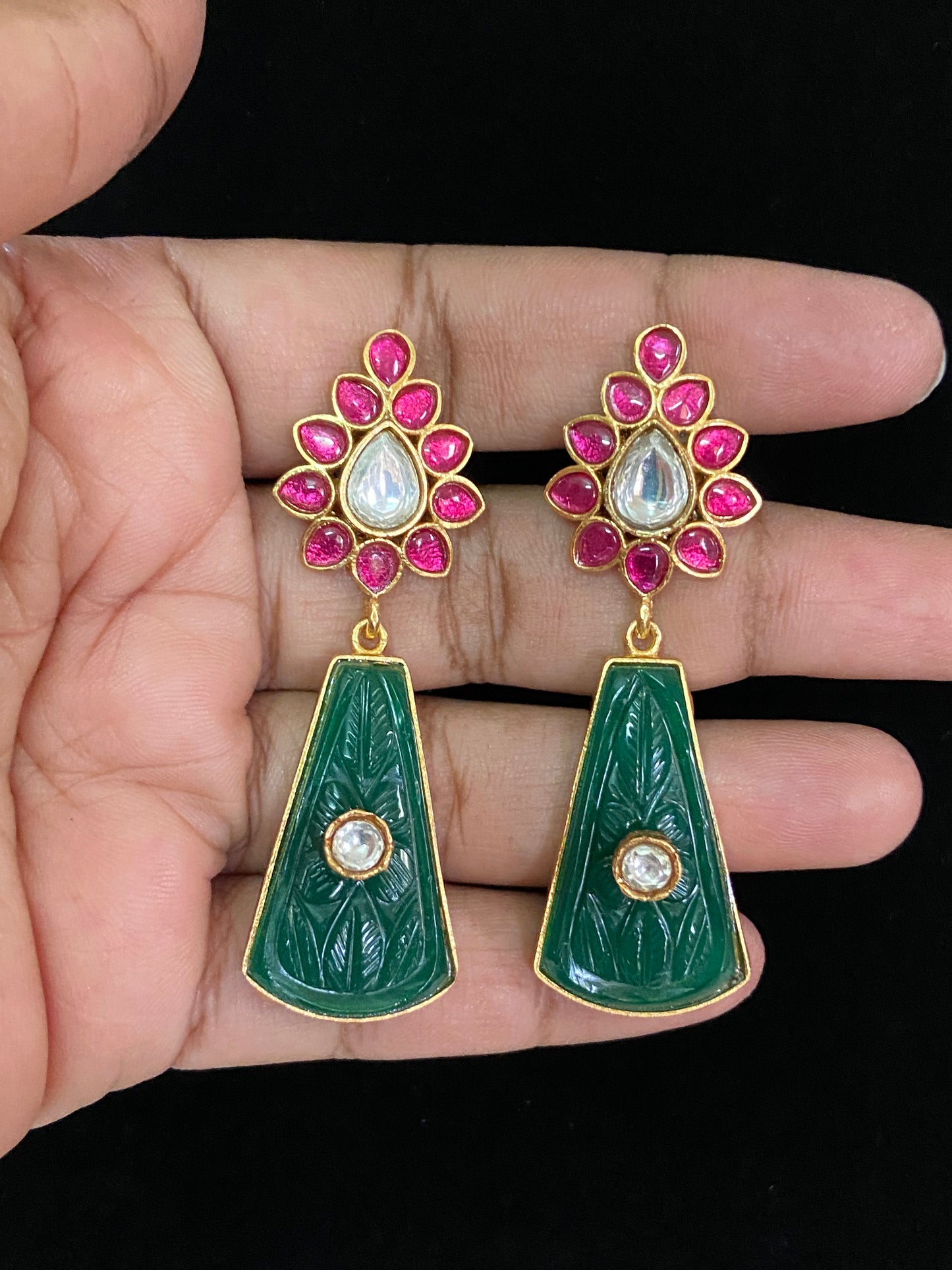 Jadau Kundan & Carved stone earrings